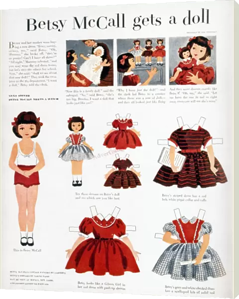 GIRLS FASHIONS, 1952. Page from the September 1952 issue of McCalls magazine, featuring the character Betsy McCall, a paper doll whose cut-out dresses were based on actual fashions manufactured by the magazines advertisers