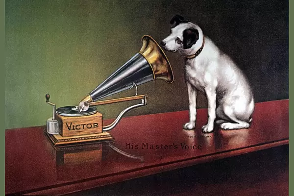 RCA VICTOR TRADEMARK. His Masters Voice. Trademark image of RCA Victor, featuring Nipper the dog. American lithograph poster, c1920