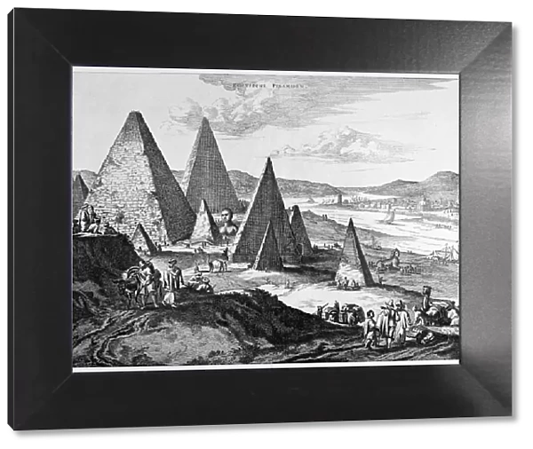 EGYPT: PYRAMIDS, 1670. Fanciful view of the Pyramids and Nile River in Egypt. Line engraving, 19th century, after an illustration from a Dutch book on Africa by Olfert Dappers, 1670