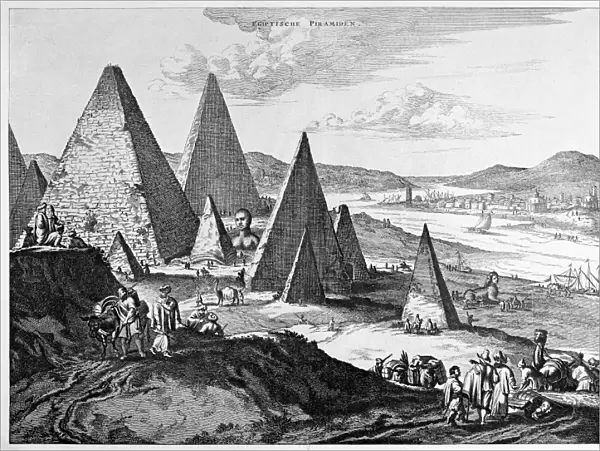 EGYPT: PYRAMIDS, 1670. Fanciful view of the Pyramids and Nile River in Egypt. Line engraving, 19th century, after an illustration from a Dutch book on Africa by Olfert Dappers, 1670