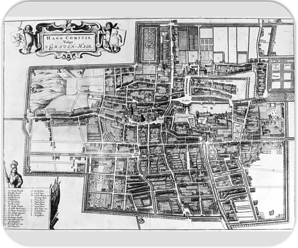 THE HAGUE: MAP, c1650. Engraved map of the city of The Hague in the Netherlands, c1650, showing canals, fields, gardens, plantations and windmills