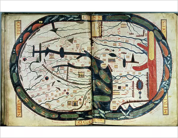 MAP OF THE WORLD, c1060. Map of the world, centering on Jerusalem. Spanish manuscript illumination, c1060, from the work of Beatus of