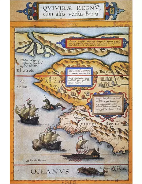 BERING STRAIT MAP, 1593. Cornelis de Jodes 1593 map of Western North America showing the fabled province of Quivira in California and the Bering Strait (El Streto de Anian); depicted also are two sea monsters, two European sailing ships, and a large Oriental