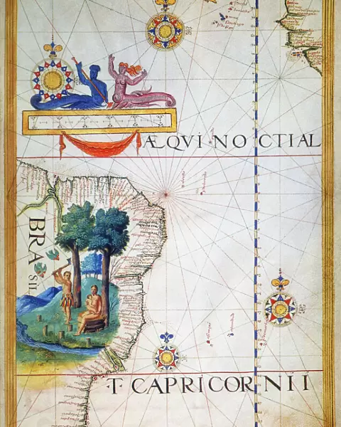 BRAZIL: MAP AND NATIVE INDIANS. Portuguese map of Brazil, 1565, depicting a family of native Indians, one of whom is harvesting brazilwood trees (probably Caesalpinia echinata