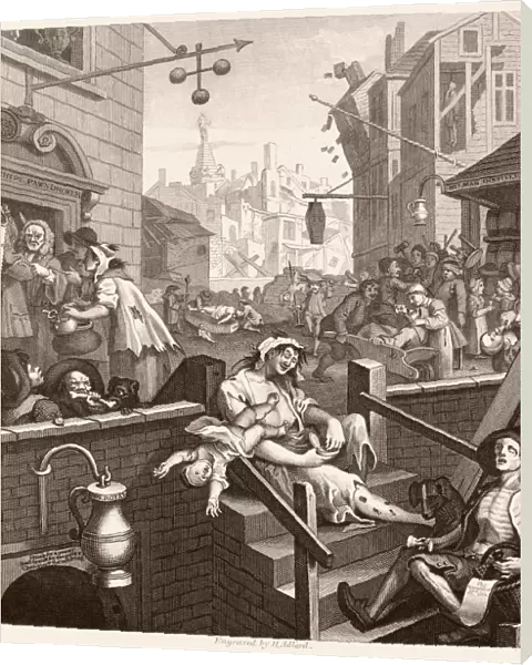 HOGARTH: GIN LANE. Beer Street and Gin Lane. Steel engraving, c1860, after the original by William Hogarth (1697-1764)