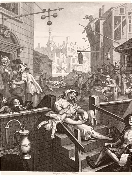 HOGARTH: GIN LANE. Beer Street and Gin Lane. Steel engraving, c1860, after the original by William Hogarth (1697-1764)