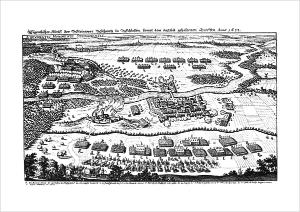 BATTLE OF STEINAU, 1633. Battle at Steinau, Germany, fought between German and Swedish forces during the Thirty Years War, 27 September 1637. Line engraving, 1637