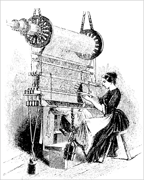 TEXTILE MANUFACTURE, 1850. A Massachusetts mill-girl drawing in - the process of threading the heddle-eyes with warp threads. Wood engraving