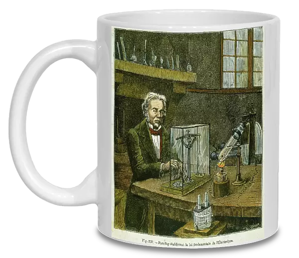 MICHAEL FARADAY (1791-1867) establishing the fundamental law of electrolysis: colored engraving, 19th century