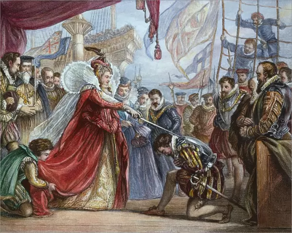 ELIZABETH I  /  FRANCIS DRAKE. Queen Elizabeth I knighting Francis Drake on the deck of the Golden Hind in Deptford in April 1581: colored engraving, 19th century