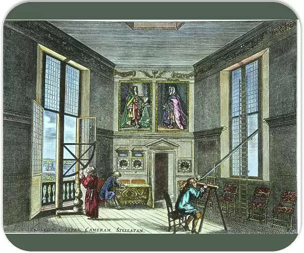 JOHN FLAMSTEED, c. 1700. Royal astronomer John Flamsteed, his one paid assistant, and friend, Marsh, in the old observing room at the Greenwich Observatory, England. English color engraving, c. 1700