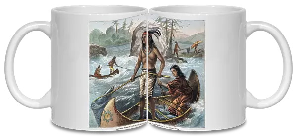 NATIVE AMERICANS  /  FISHING. Native Americans of the Pacific Northwest catching whitefish in the rapids of the Columbia River, Washington Territory. Wood engraving, 1871