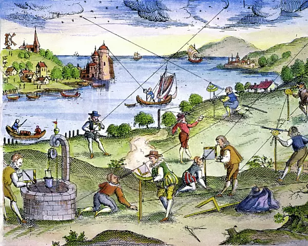 SURVEYORS. Surveyors at work on land and sea. Colored German engraving, 1594
