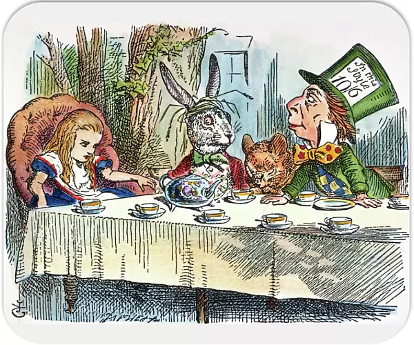 ALICEs MAD-TEA PARTY, 1865. Alice joins the March Hare, the Hatter, and the Dormouse for a Mad-Tea Party. Wood engraving after the design by Sir John Tenniel for the first edition of Lewis Carrolls Alice adventures in Wonderland, 1865