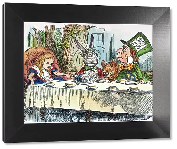 ALICEs MAD-TEA PARTY, 1865. Alice joins the March Hare, the Hatter, and the Dormouse for a Mad-Tea Party. Wood engraving after the design by Sir John Tenniel for the first edition of Lewis Carrolls Alice adventures in Wonderland, 1865