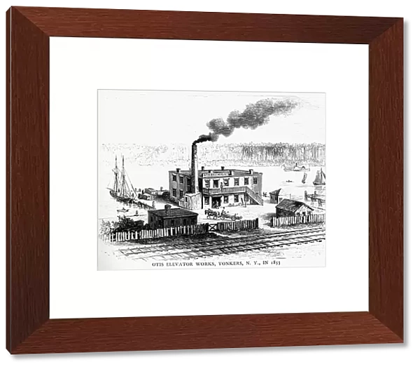 OTIS ELEVATOR WORKS, 1853. The Otis factory on the Hudson River in Yonkers, New York. Wood engraving, 1853