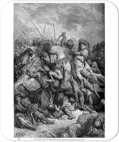 THIRD CRUSADE, 1191. King Richard I of England leads Christian forces in battle against Muslims in the Holy Land during the Third Crusade, 1191. Wood engraving, late 19th century, after Gustave Dor