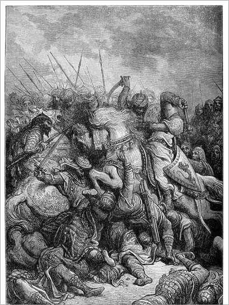 THIRD CRUSADE, 1191. King Richard I of England leads Christian forces in battle against Muslims in the Holy Land during the Third Crusade, 1191. Wood engraving, late 19th century, after Gustave Dor
