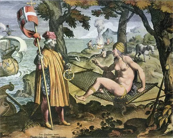 ARRIVAL OF AMERIGO VESPUCCI in the New World. (Vespucci meeting the allegorical representation of America). Engraving by Theodor Galle after the drawing, c1580, by Stradanus