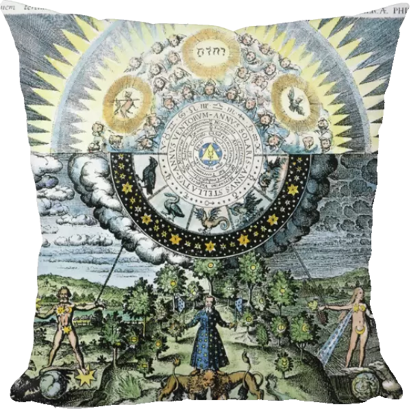 EARTH  /  UNIVERSE ALLEGORY. An allegorical representation of the microcosm, or Earth, and the macrocosm, or the universe: German engraving, 1618
