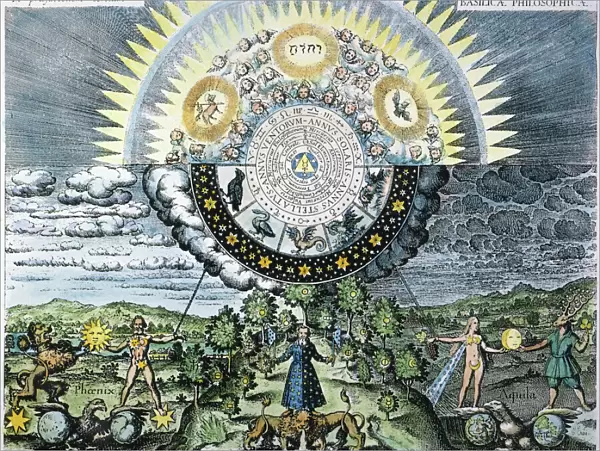 EARTH  /  UNIVERSE ALLEGORY. An allegorical representation of the microcosm, or Earth, and the macrocosm, or the universe: German engraving, 1618