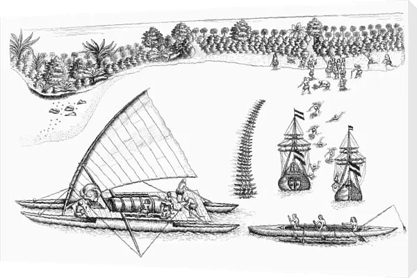 ABEL TASMAN (1603?-1659). Abel Janszoon Tasman. Dutch navigator and explorer. Ships of Tasmans exploring expedition (right) and Polynesian outrigger canoes near the shore of one of the Fiji Islands. Line engraving, late 19th century, after a drawing, c1643, by Tasman