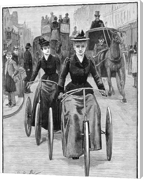 BICYCLING WOMEN, 1892. The Rights of Women: Emancipation. Wood engraving, American, 1892