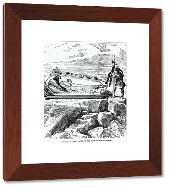 GRIMM: SNOW WHITE. The coffin was placed on the side of the mountain. Snow White asleep in the glass coffin after swallowing a piece of the poisoned apple proffered by her wicked stepmother. Wood engraving, 19th century, for the fairy tale by the Grimm Brothers