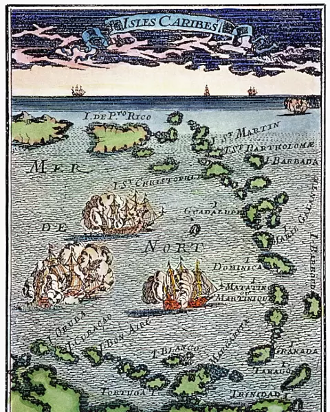 CARIBBEAN MAP. A map of the Caribbean islands: woodcut, French, c. 1688