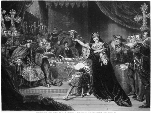 CATHERINE OF ARAGON (1485-1536). First wife of King Henry VIII of England. The trial of Queen Catherine. Steel engraving, American, 1869