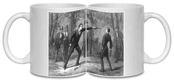 DUEL, 1874. Two gentlemen fighting a duel with pistols and swords. Line engraving, 1874