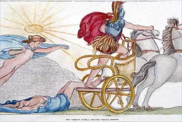 HOMER: THE ILIAD. Hectors body dragged behind the chariot of Achilles. Line engraving, 1805. after the drawing by John Flaxman