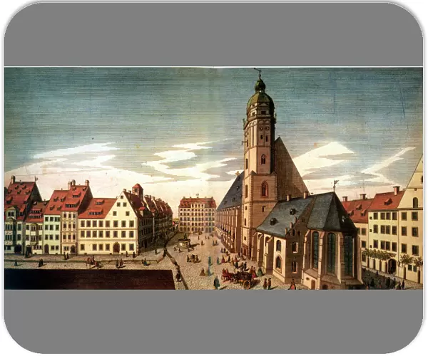 LEIPZIG: ST. THOMAS CHURCH. A view of Leipzig, Germany, showing St. Thomas Church with its courtyard and school. Line engraving, c1735, by J. G. Schreiber