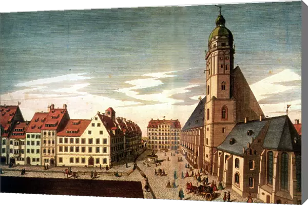 LEIPZIG: ST. THOMAS CHURCH. A view of Leipzig, Germany, showing St. Thomas Church with its courtyard and school. Line engraving, c1735, by J. G. Schreiber