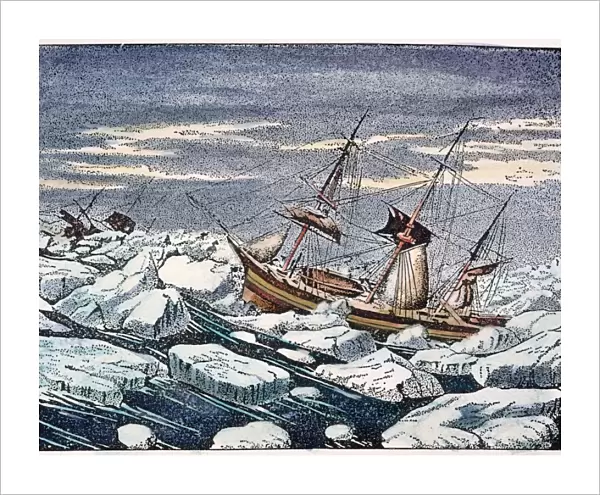 JOHN FRANKLINs EXPEDITION. H. M. S. Erebus and H. M. S. Terror of Sir John Franklins ill-fated Arctic expedition (1845-47) weathering a gale in an ice pack. Contemporary engraving