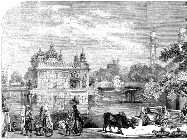 INDIA: GOLDEN TEMPLE, 1858. The Golden Temple or Darbar Sahib, situated in Amritsar, Punjab, India, is the most sacred temple for Sikhs. Line engraving, English, 1858