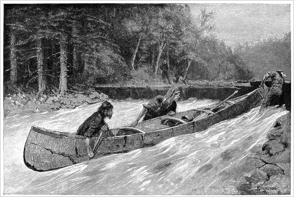 CANADA: FUR TRADE. In a stiff current. Wood engraving, 1891, after Frederic Remington