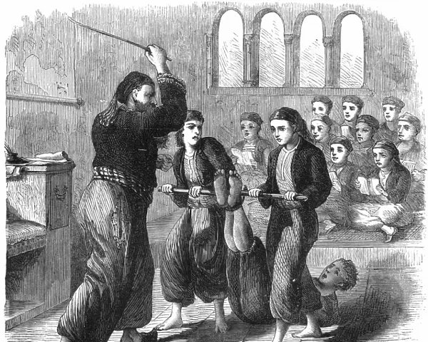 TURKEY: ELEMENTARY SCHOOL. Punishment in a Turkish school. Wood engraving, American, mid-19th century