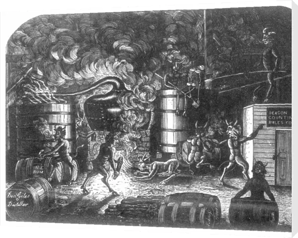 DISTILLERY, 1844. Demons at work in a distillery allegedly operated by church deacon Amos Giles of Salem, Massachusetts: wood engraving, 1844, from a reprint of a fictional polemic of 1835 by Salem minister George B. Cheever, for which a local deacon who owned a distillery had successfully sued for libel