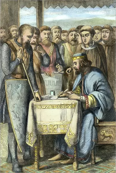 KING JOHN (c1167-1216). King of England, 1199-1216. King John signing the Magna Carta at Runnymede, 15 June 1215. Color wood engraving, 19th century