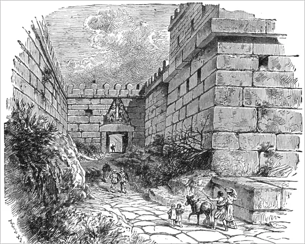 MYCENAE: GATE OF LIONS. Beginnings of Ancient Greek architecture. The restored Gate of the Lions, erected in c1250 B. C. at Mycenae. Wood engraving, 19th century