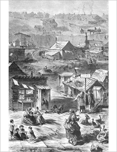 NYC: SQUATTERS, 1869. Squatters and their dilapidated shanties on hilly, broken land near New York Citys Central Park. Wood engraving, American, 1869