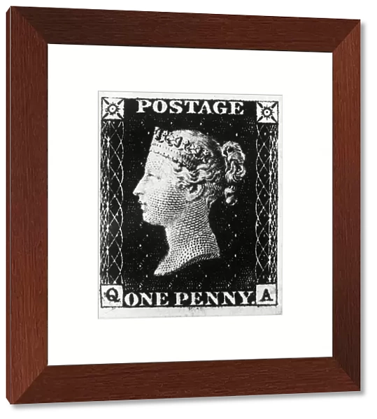 POSTAGE STAMP, 1840. The Penny Black of Great Britain, engraved by Frederick Heath and printed by Perkins Bacon & Co. Issued on 6 May 1840, it was the worlds first adhesive postage stamp