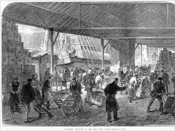 LONDON: UNLOADING TEA, 1867. Unloading Tea-Ships in the East India Docks. Wood engraving, English, 1867