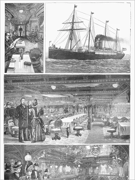 PASSENGER STEAMSHIP, 1888. First class facilities onboard the Norddeutscher Lloyd Steamship Companys Lahn. Wood engravings from an American newspaper of 1888