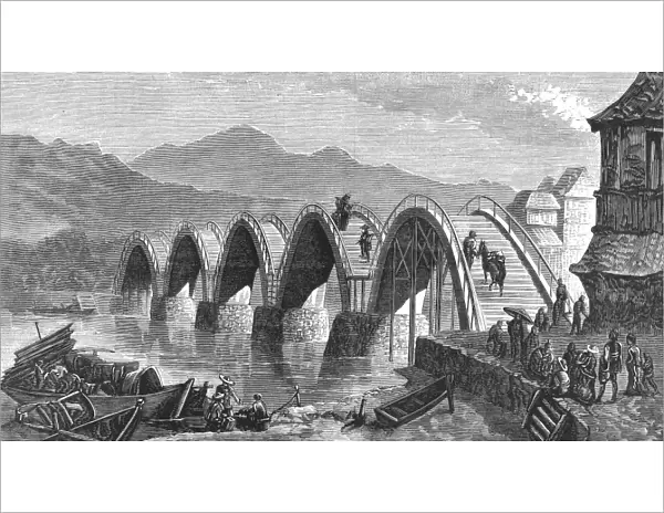 JAPAN: IWAKUNI BRIDGE. Kintai Bridge at Iwakuni, Japan. Line engraving, 1877