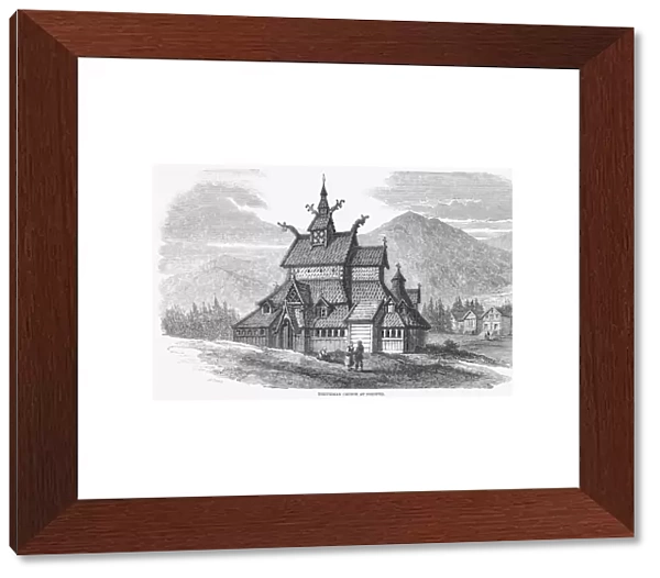 NORWAY: BORGUND CHURCH. Stave church, probably built in the 12th century, at Borgund, Norway. Wood engraving, 1857