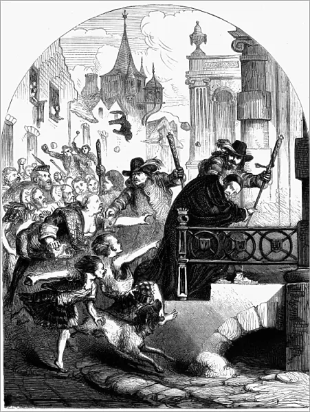 EDINBURGH: RIOT, 1637. A bishop pursued to the steps of the council house in Edinburgh, Scotland, by a riotous crowd incensed at attempts to introduce Lauds Liturgy into Scottish churches, 1637. Wood engraving, English, c1860