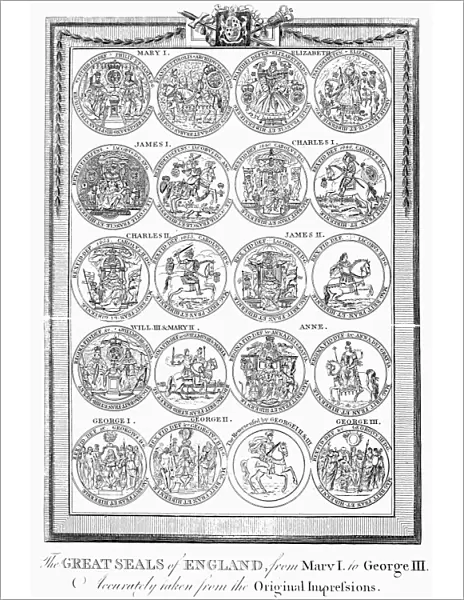 ENGLAND: ROYAL SEALS. Royal seals of the English monarchs, from Mary I to George III. Line engraving, c1800