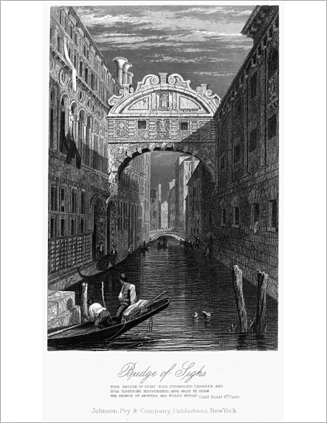 VENICE: BRIDGE OF SIGHS. View of the Bridge of Sighs in Venice, Italy. Steel engraving, American, 19th century